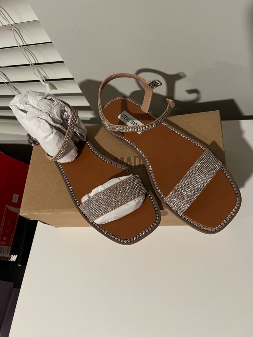 Steve Madden Tan Crystal Strap Flat Sandals
